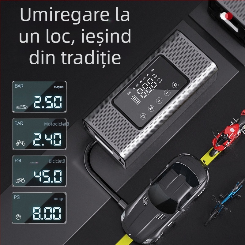 Pompa de aer pentru vehicul, cilindri dubli, 12V, 120W, 35 L/min, reîncărcabilă, display digital