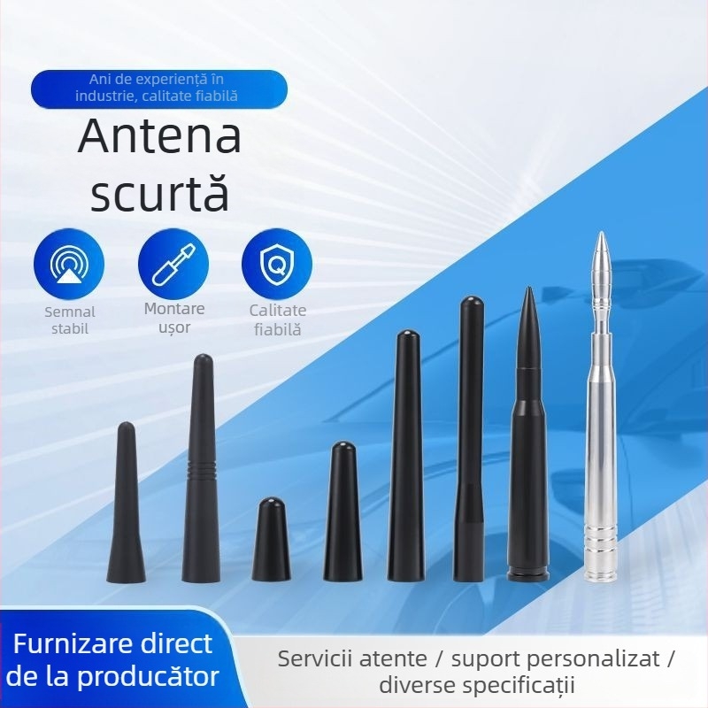 Antena pentru radio auto cu montaj filet, compatibil universal, funcționează la 12 V, prelucrare și personalizare disponibile (Montaj: filet; Tensiune: 12 V; Compatibilitate: universală; Personalizare: disponibilă)