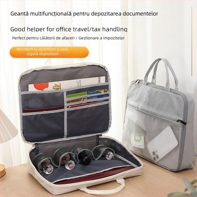 Geantă portabilă pentru organizarea documentelor cu fermoar, protecție pentru licența de afaceri și ștampilă, material textil