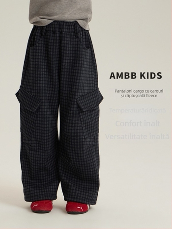 Pantaloni cargo pentru copii, stil coreean, cu fleece, model pătrate în carouri, talie medie, unisex, iarnă