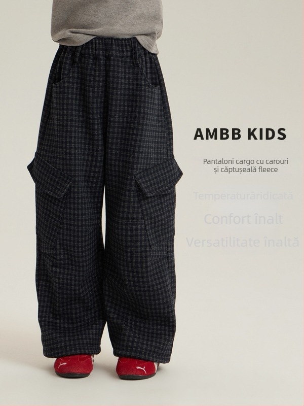 Pantaloni cargo pentru copii, stil coreean, cu fleece, model pătrate în carouri, talie medie, unisex, iarnă