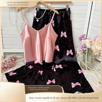 Set de pijamale din două piese, fără mâneci, bretele, decolteu în V, imprimeu cu buline, funda cu fluture, poliester ușor