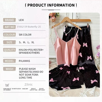 Set de pijamale din două piese, fără mâneci, bretele, decolteu în V, imprimeu cu buline, funda cu fluture, poliester ușor