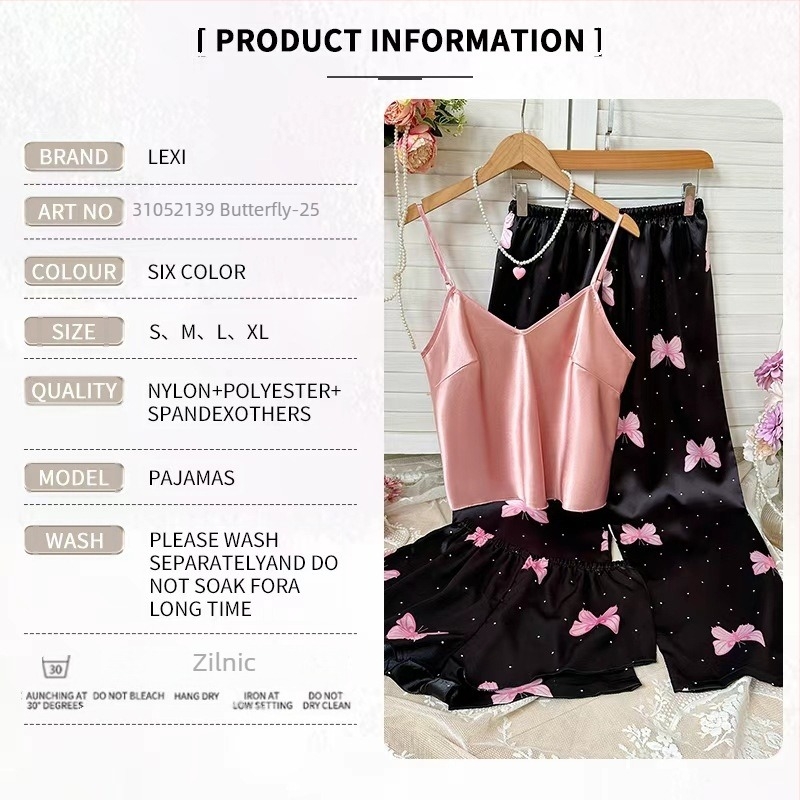 Set de pijamale din două piese, fără mâneci, bretele, decolteu în V, imprimeu cu buline, funda cu fluture, poliester ușor