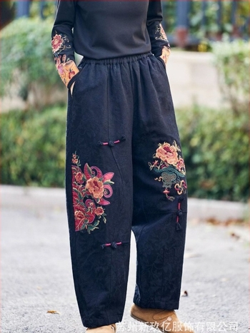 Pantaloni harem din bumbac pentru femei, stil etnic, talie elastică, croială largă, iarnă 2025