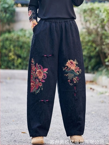 Pantaloni harem din bumbac pentru femei, stil etnic, talie elastică, croială largă, iarnă 2025