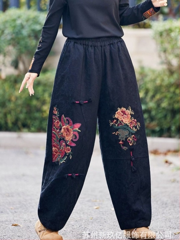 Pantaloni harem din bumbac pentru femei, stil etnic, talie elastică, croială largă, iarnă 2025