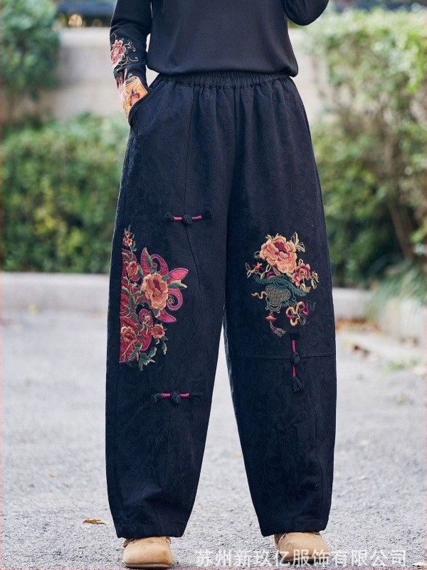 Pantaloni harem din bumbac pentru femei, stil etnic, talie elastică, croială largă, iarnă 2025