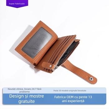 Portofel din piele naturală ultra-subțire pentru carduri, cu fermoar pentru monede, mai multe compartimente pentru carduri, din piele de vită din primul strat, unisex