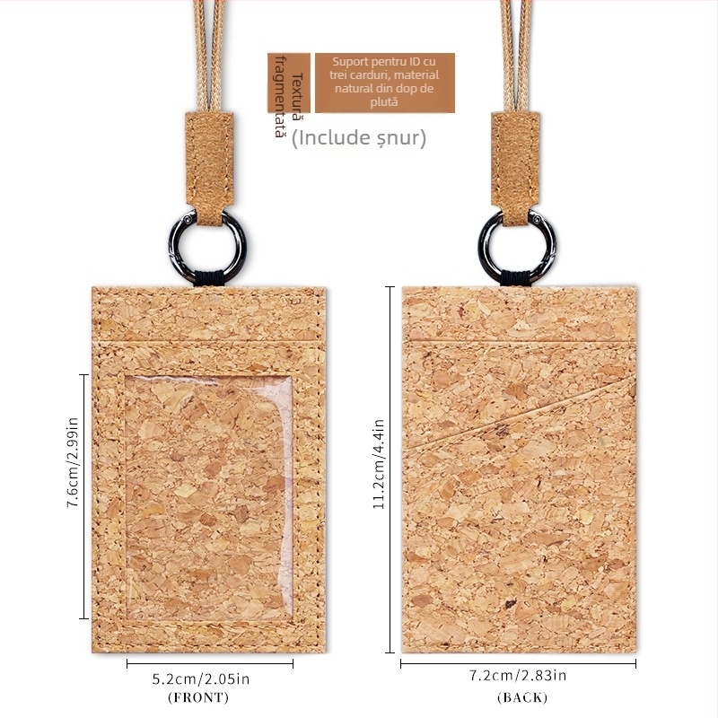 Suport card cu șnur – 3 sloturi pentru carduri, model lemnos, lemn moale, 1 slot frontal + 2 sloturi din spate, cusătură dublă la margine, stil urban minimalist