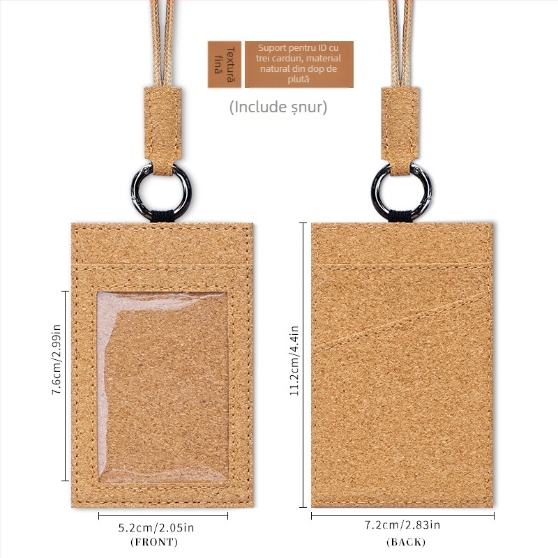 Suport card cu șnur – 3 sloturi pentru carduri, model lemnos, lemn moale, 1 slot frontal + 2 sloturi din spate, cusătură dublă la margine, stil urban minimalist