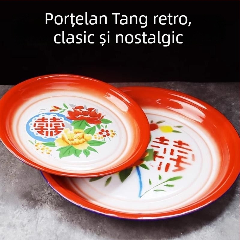 Farfurie de servire rotundă emailată, model floral, stil vintage nostalgic, diametru 18–19 cm