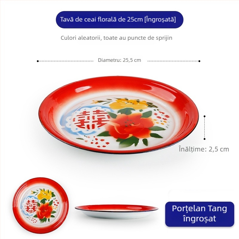 Farfurie de servire rotundă emailată, model floral, stil vintage nostalgic, diametru 18–19 cm