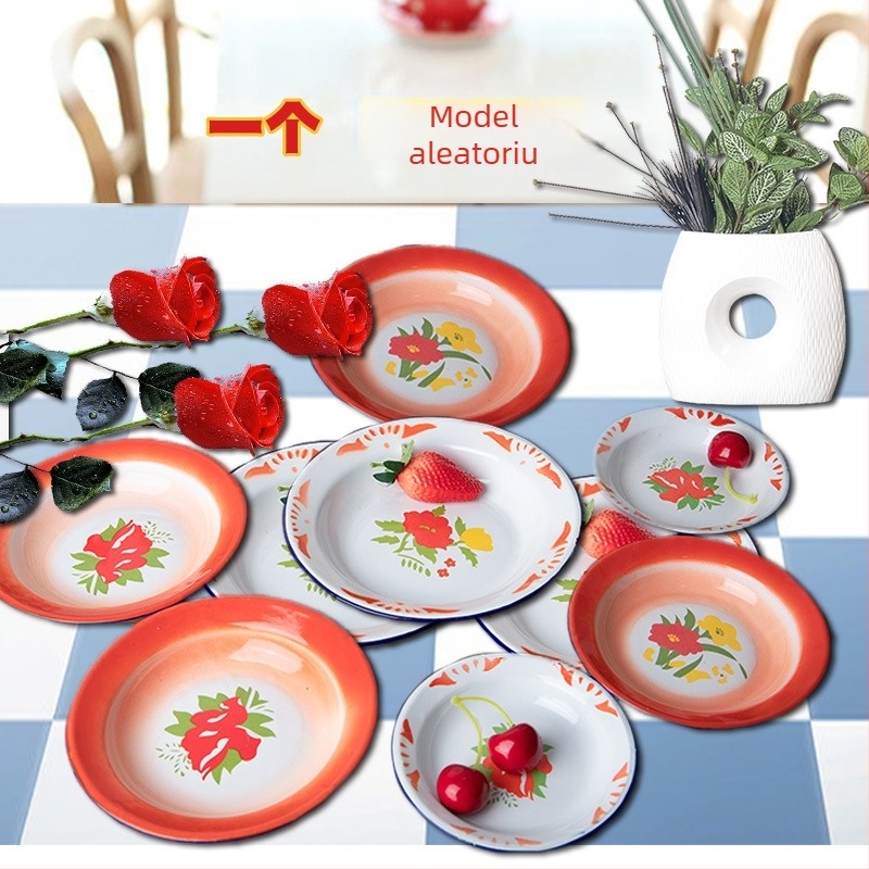 Farfurie de servire rotundă emailată, model floral, stil vintage nostalgic, diametru 18–19 cm