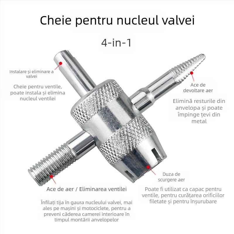 Record Work Unealtă 4 în 1 pentru valve pneuri – demontor nucleu valvei, 45# oțel, greutate 19 g