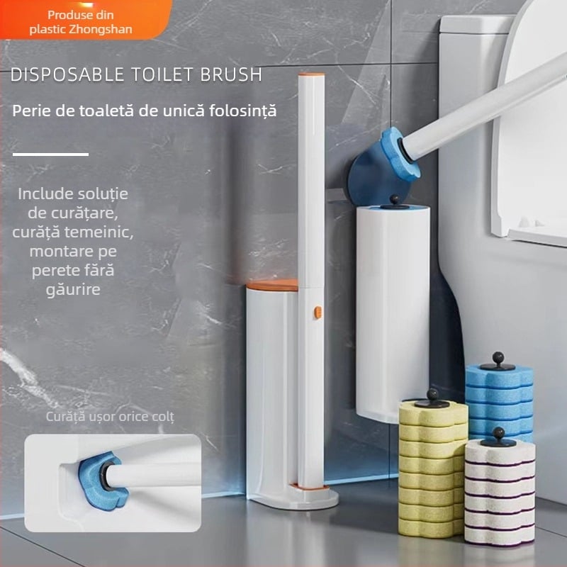 Perie de toaletă de unică folosință, mâner extins, montare pe perete, fără găuri, din plastic