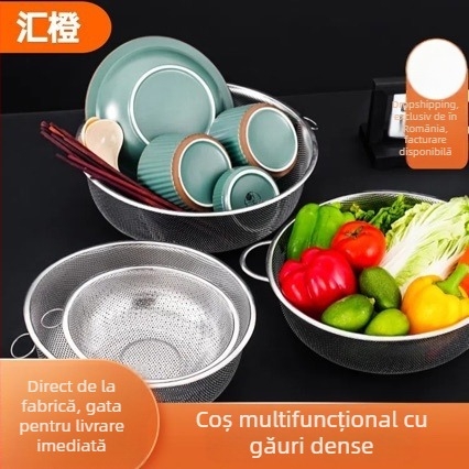Coș de bucătărie din oțel inoxidabil pentru spălarea legumelor și fructelor, sită rotundă cu găuri mici, design îngroșat
