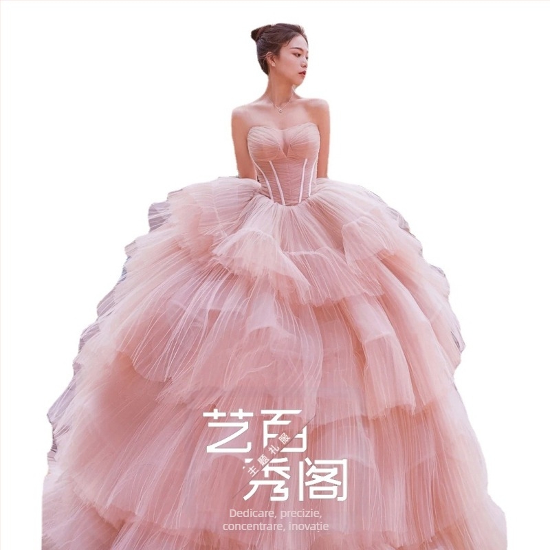 Rochie de mireasă fără bretele, fără mâneci, talie înaltă, fustă lungă, din poliester