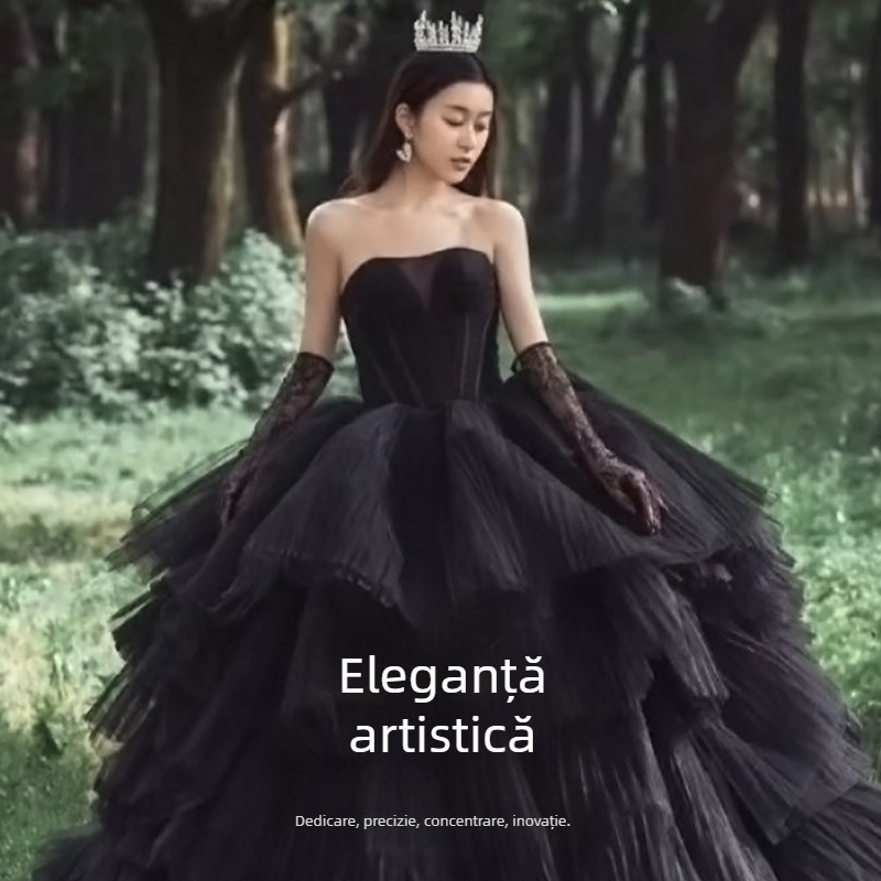 Rochie de mireasă fără bretele, fără mâneci, talie înaltă, fustă lungă, din poliester