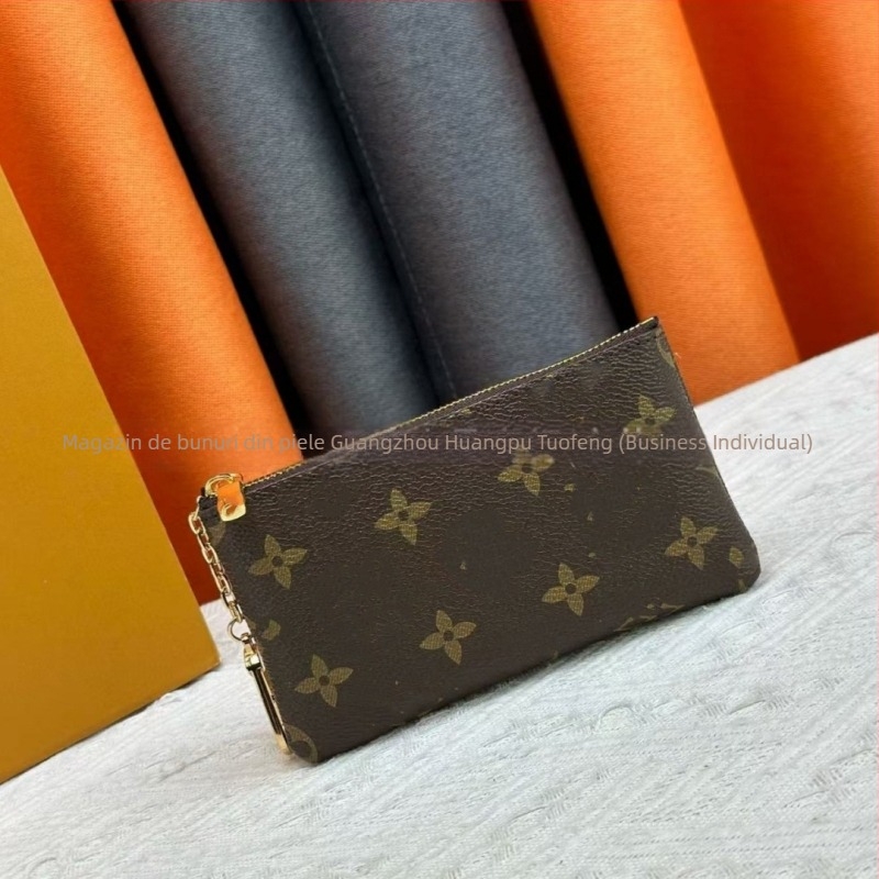 Portofel pentru monede cu fermoar, din piele naturală, unisex, imprimeu cu litere, căptușeală din piele de vită