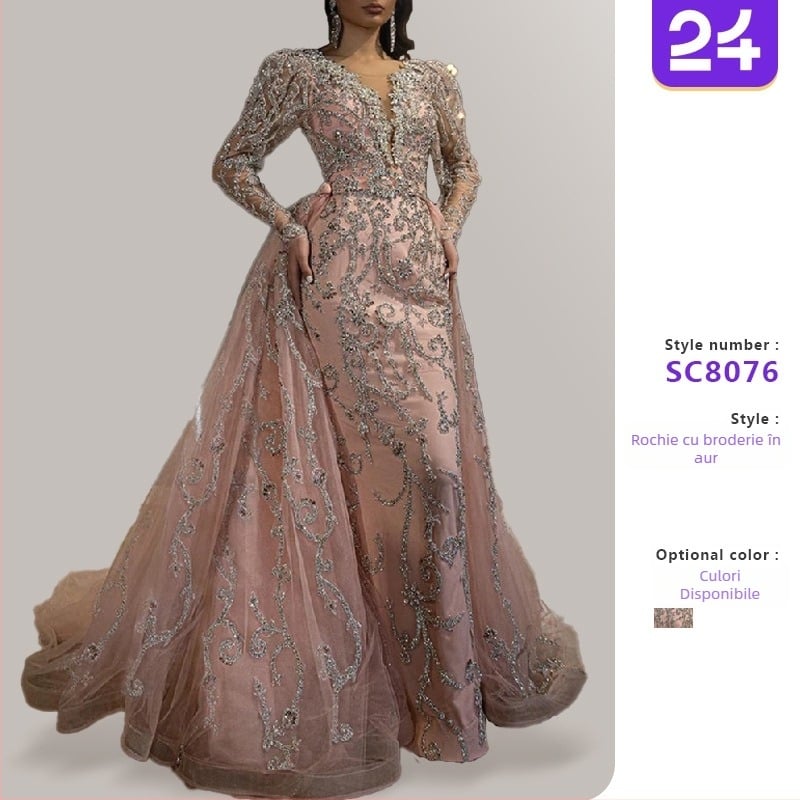 Rochie de seară din dantelă, mâneci lungi, talie înaltă, fustă în stil prințesă, lungă, compoziție poliester 80–90%