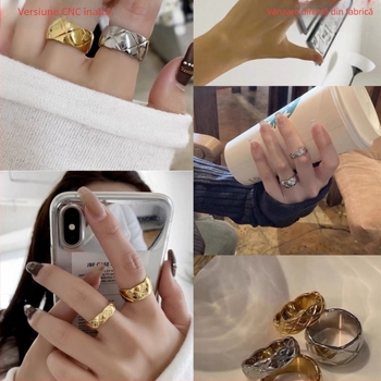 Inel Arkaden din materiale mixte, cu geometrie în formă de U și text, placat electroplătit