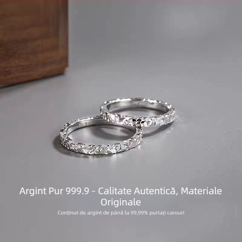 Inel din argint 9999 cu efect de gheață măcinată pe trei fețe, inel închis pentru femei, lățime 2 mm, design geometric, lux discret