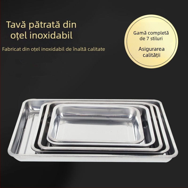 Tavă pătrată din oțel inoxidabil ne-magnetic, grosime dublă, adâncă și plată – farfurie dreptunghiulară pentru hoteluri, pește la grătar și ceai