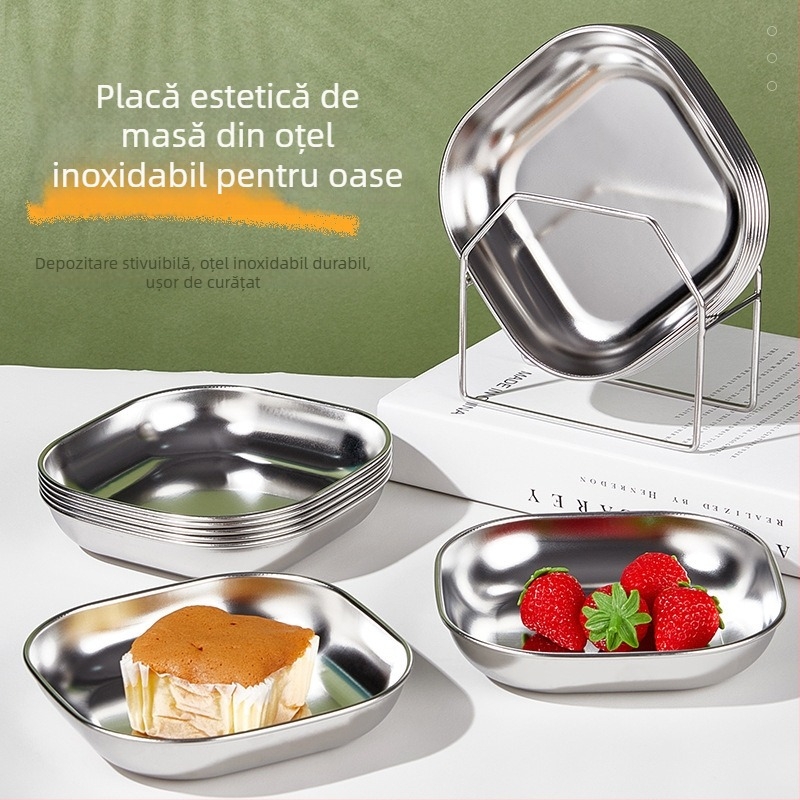 Farfurie din oțel inoxidabil pentru gustări, platou mic pătrat pentru fructe, nuci și gustări, diametru 14 cm, stil modern minimalist