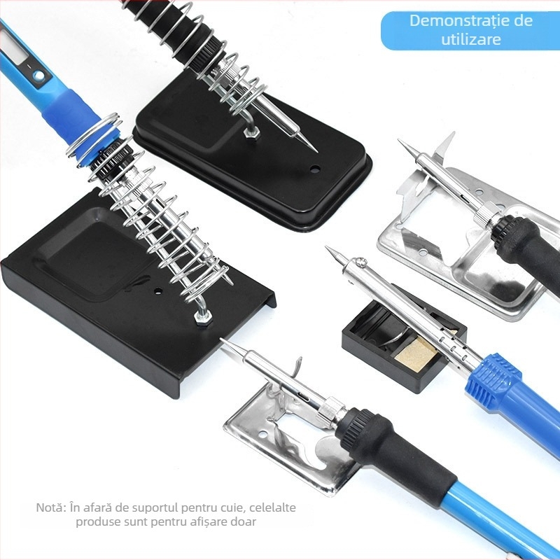 Suport pentru fier de lipit din oțel inoxidabil, cu brațe de tip Y și tip A; canelură internă 8–20 mm; adâncime a cannelurii 5 mm; potrivit pentru fier de lipit electric.