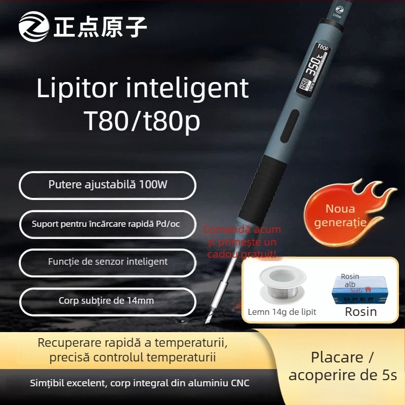 Stație inteligentă de lipit T80/T80P, 100W, portabilă, temperatură constantă, vârfuri C245/C210