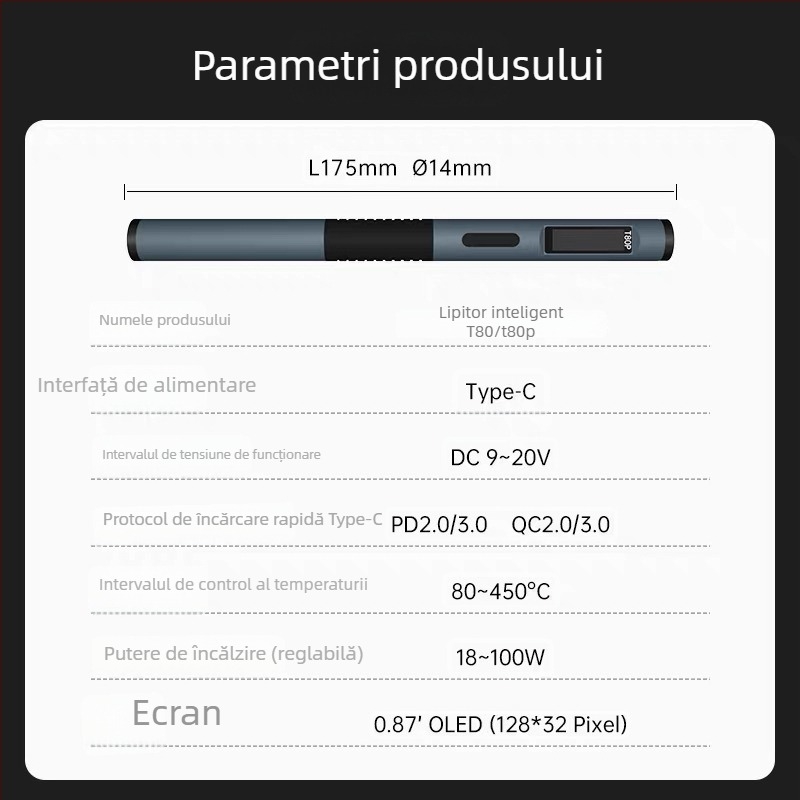 Stație inteligentă de lipit T80/T80P, 100W, portabilă, temperatură constantă, vârfuri C245/C210