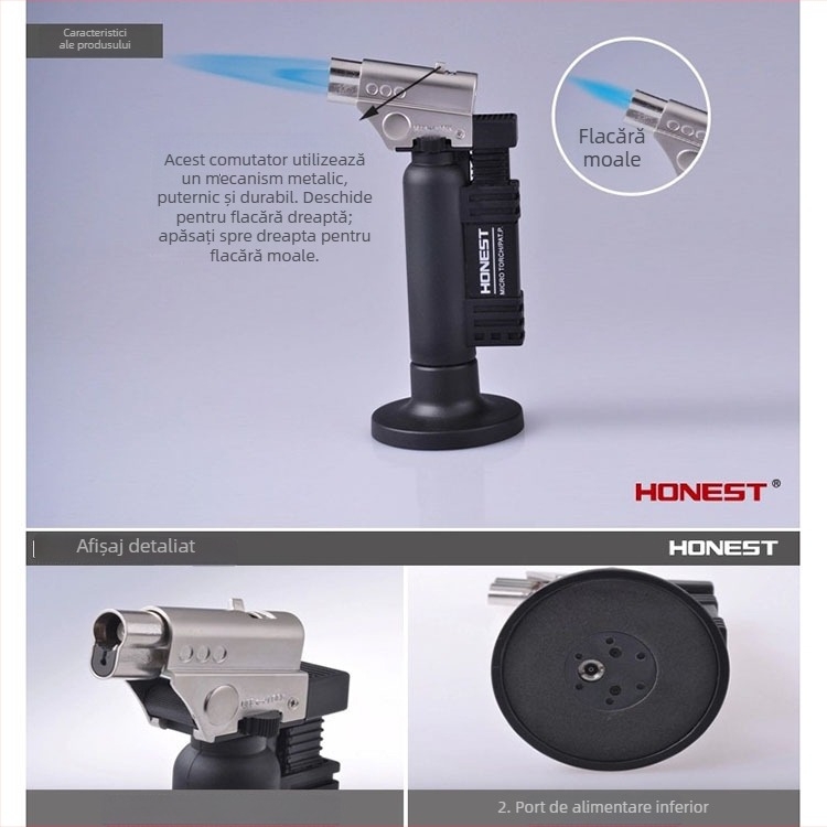 Torță cu gaz portabilă pentru coacerea prăjiturilor, bijuterii, ochelari și sudură dentară — alimentare cu butan, rezistentă la vânt, construcție din aliaj + plastic ABS, cu iluminare, până la 500°C