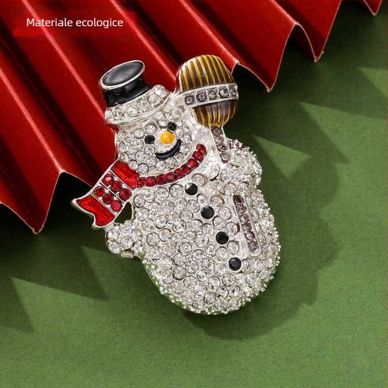 Broșă Om de zăpadă de Crăciun, geometrică, din aliaj de zinc, finisaj tăiat cu diamant (unisex, primăvara 2024)