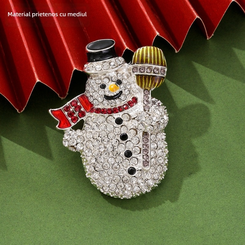 Broșă Om de zăpadă de Crăciun, geometrică, din aliaj de zinc, finisaj tăiat cu diamant (unisex, primăvara 2024)