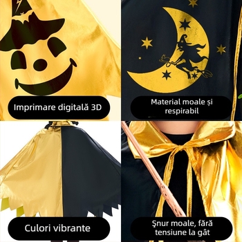 Costum de vrăjitor pentru copii cu mantie, pelerină cu stele și pălărie – Halloween, Primăvara 2025