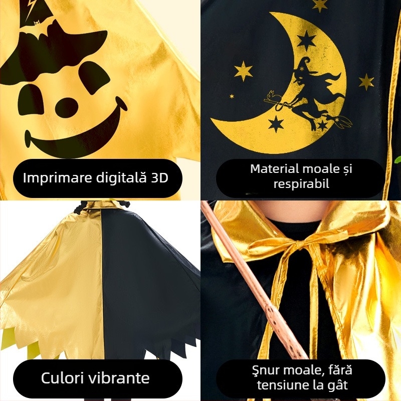 Costum de vrăjitor pentru copii cu mantie, pelerină cu stele și pălărie – Halloween, Primăvara 2025