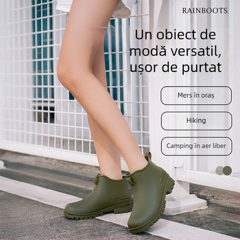Ghete de ploaie pentru femei, exterior PVC, înălțime a tubului scăzută, toc mic 1–3 cm, culoare solidă, impermeabile