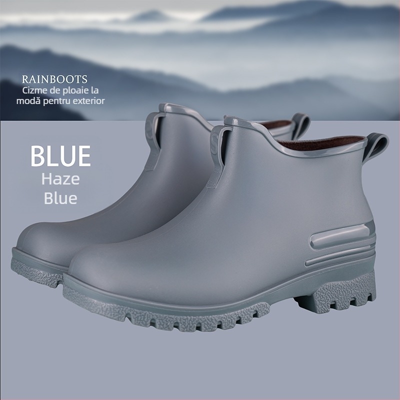 Ghete de ploaie pentru femei, exterior PVC, înălțime a tubului scăzută, toc mic 1–3 cm, culoare solidă, impermeabile