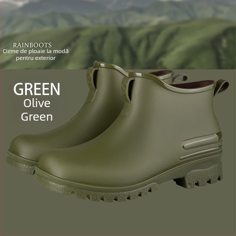 Ghete de ploaie pentru femei, exterior PVC, înălțime a tubului scăzută, toc mic 1–3 cm, culoare solidă, impermeabile