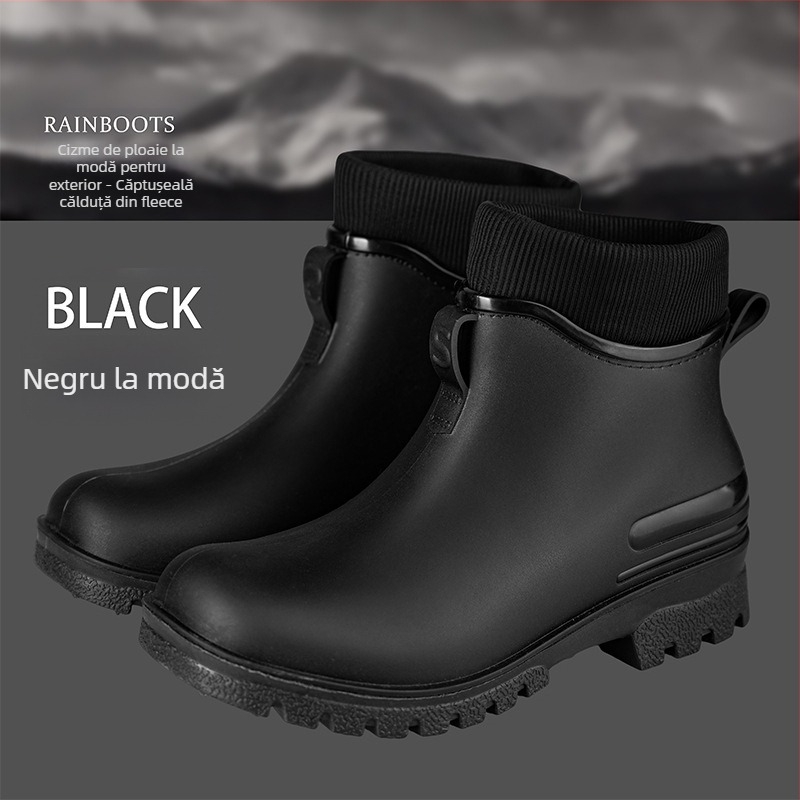 Ghete de ploaie pentru femei, exterior PVC, înălțime a tubului scăzută, toc mic 1–3 cm, culoare solidă, impermeabile