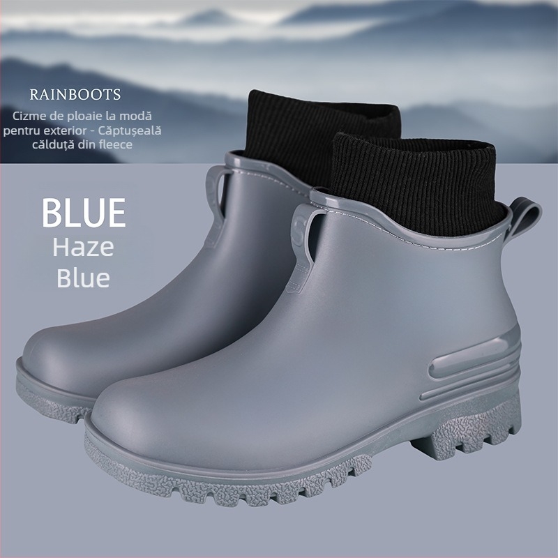 Ghete de ploaie pentru femei, exterior PVC, înălțime a tubului scăzută, toc mic 1–3 cm, culoare solidă, impermeabile