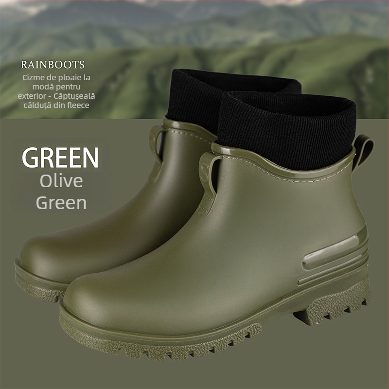 Ghete de ploaie pentru femei, exterior PVC, înălțime a tubului scăzută, toc mic 1–3 cm, culoare solidă, impermeabile