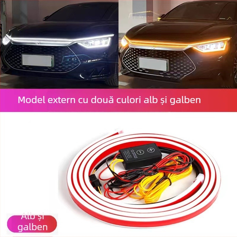 Lumină de zi auto cu două culori alb-galben, scanare dinamică, bară de ghid LED tip prin pentru capotă și semnalizare (12V, 15W, 0.2A) — silicon + LED
