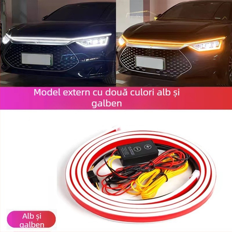 Lumină de zi auto cu două culori alb-galben, scanare dinamică, bară de ghid LED tip prin pentru capotă și semnalizare (12V, 15W, 0.2A) — silicon + LED