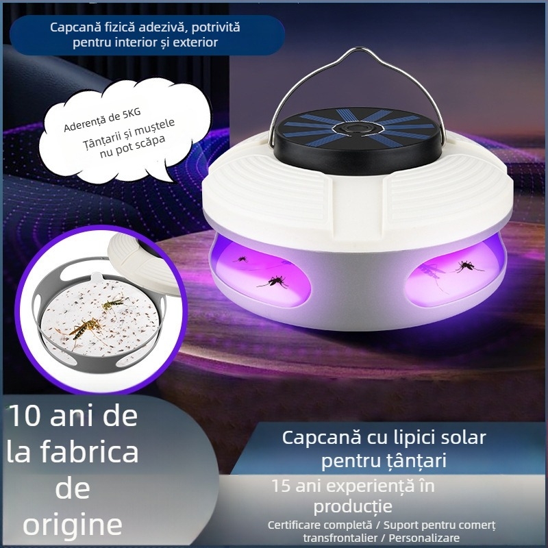 Lampa lipicioasă pentru ţânţari - Solar, UV-A, pentru interior/exterior, acoperire 10 m², autonomie baterie 8–12 ore
