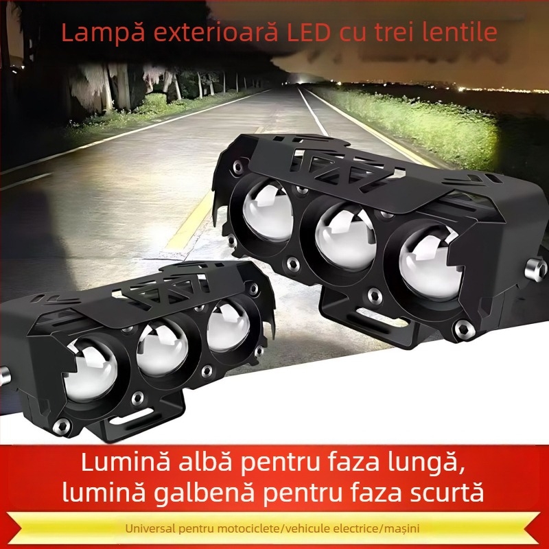 Proiector LED extern pentru motocicletă cu lentilă, trei sau patru LED, fascicul înalt/jos, LED ultra-luminos