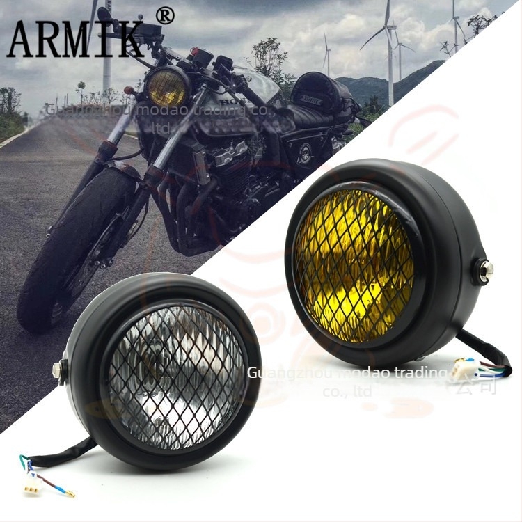 ARMIK MD-FGDD-015 Far de motocicletă — 12V, 35W Halogen, grilă metalică, construcție din metal și sticlă