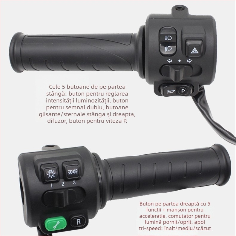 Ansamblu comutator ghidon pentru vehicul electric cu accelerație, sonerie, far și întrerupător de avarie