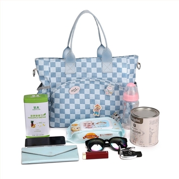 Geantă pentru mamă și bebelu cu capacitate mare, din nylon, compartiment uscat–umed, buzunar pentru sticle, compatibilă cu căruciorul, curea curbată